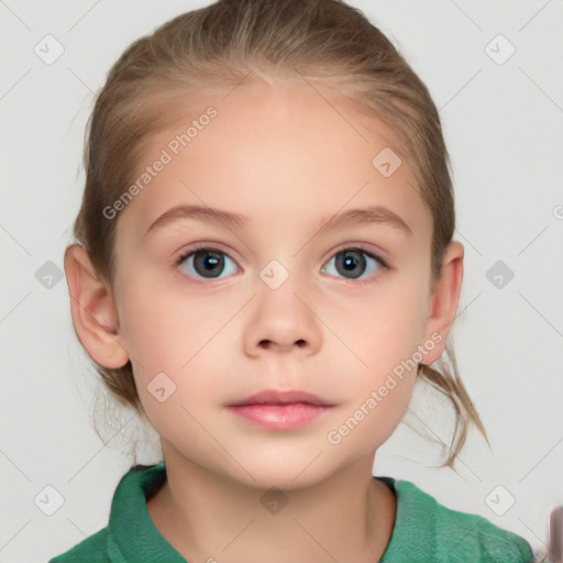 Neutral white child female with medium  brown hair and grey eyes