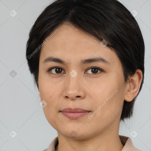 Joyful white young-adult female with medium  brown hair and brown eyes