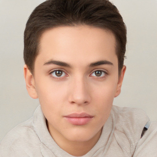 Neutral white young-adult female with short  brown hair and brown eyes