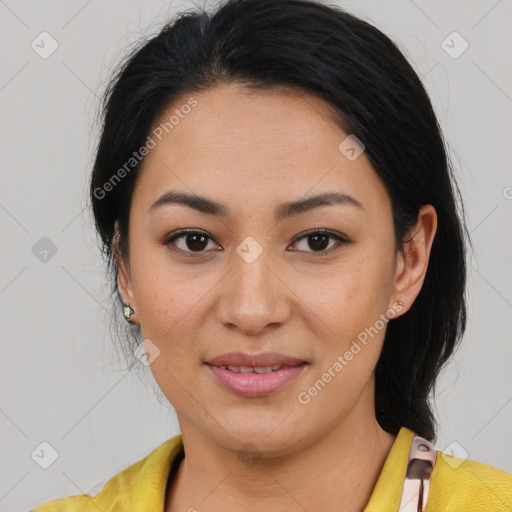 Joyful asian young-adult female with medium  brown hair and brown eyes