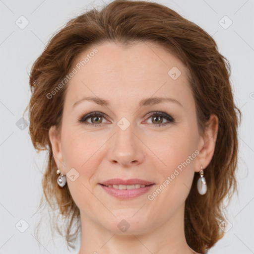 Joyful white young-adult female with medium  brown hair and green eyes