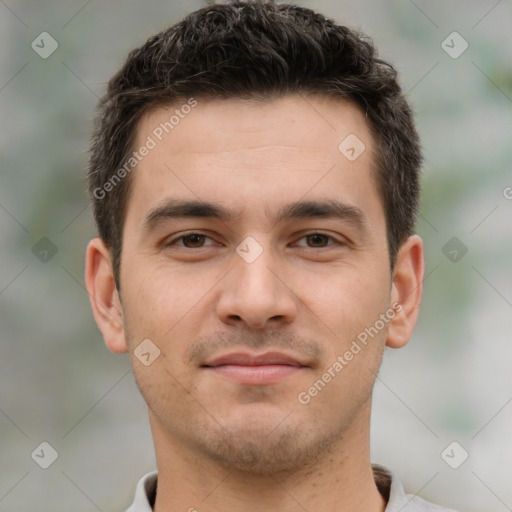 Neutral white young-adult male with short  brown hair and brown eyes