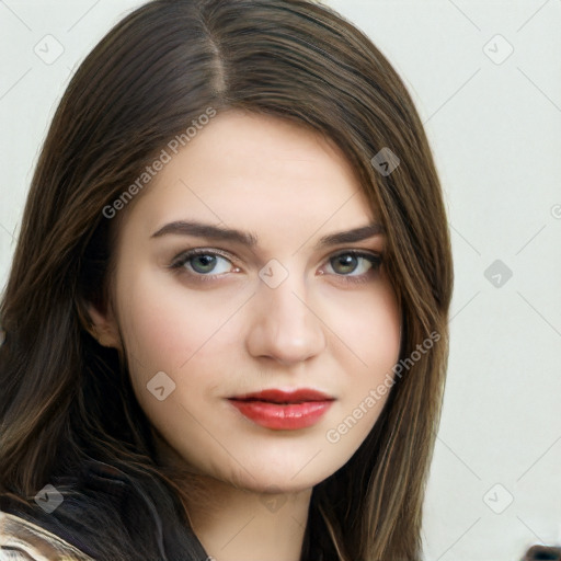 Neutral white young-adult female with long  brown hair and brown eyes