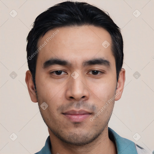 Neutral asian young-adult male with short  black hair and brown eyes