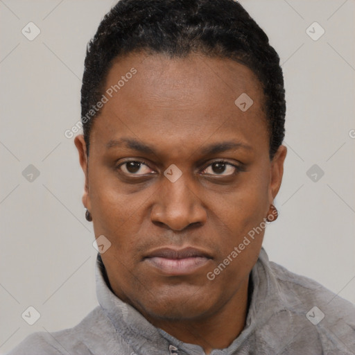 Neutral black young-adult female with short  black hair and brown eyes