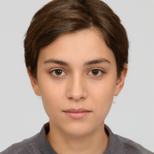 Neutral white young-adult female with short  brown hair and brown eyes