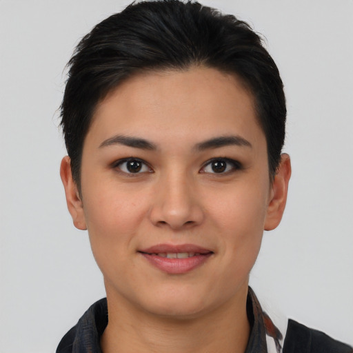 Joyful asian young-adult female with short  brown hair and brown eyes
