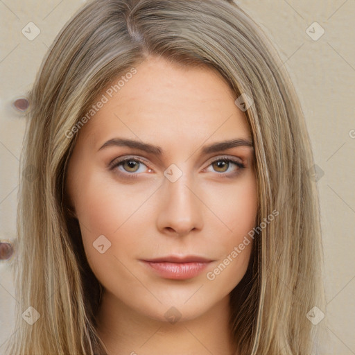 Neutral white young-adult female with long  brown hair and brown eyes