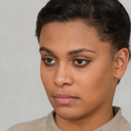 Neutral black young-adult female with short  brown hair and brown eyes