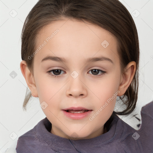 Joyful white child female with medium  brown hair and brown eyes