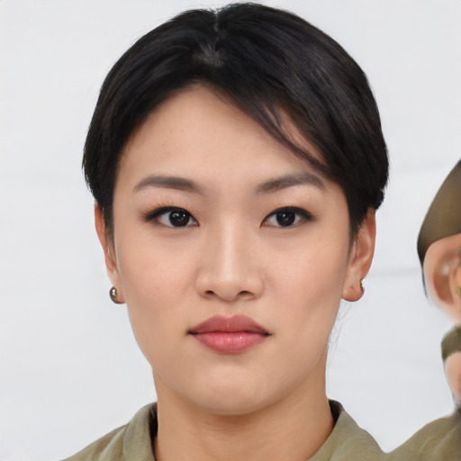 Neutral asian young-adult female with short  black hair and brown eyes