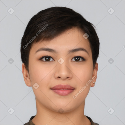 Joyful asian young-adult female with short  brown hair and brown eyes