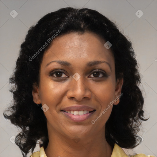 Joyful black young-adult female with medium  black hair and brown eyes