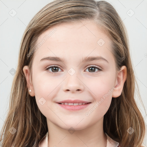 Joyful white child female with medium  brown hair and grey eyes