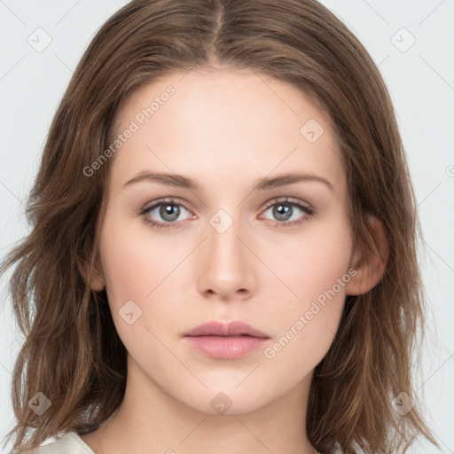 Neutral white young-adult female with long  brown hair and grey eyes