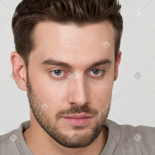 Neutral white young-adult male with short  brown hair and grey eyes