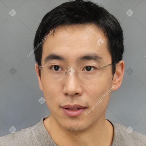 Neutral asian young-adult male with short  black hair and brown eyes