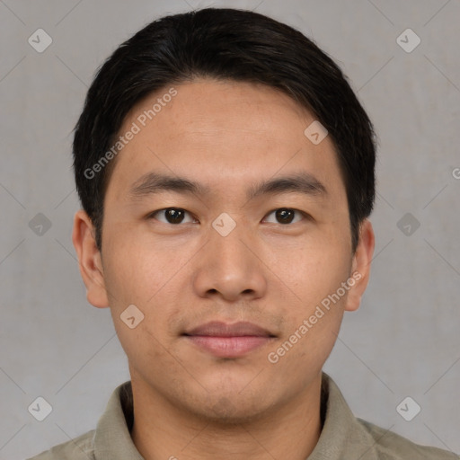 Neutral asian young-adult male with short  brown hair and brown eyes