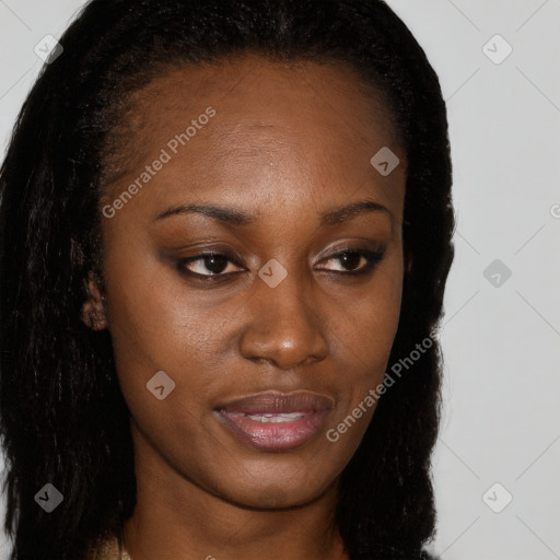 Joyful black young-adult female with long  brown hair and brown eyes