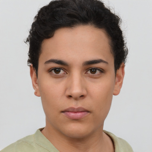 Neutral asian young-adult female with short  brown hair and brown eyes