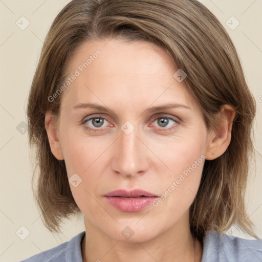 Neutral white young-adult female with medium  brown hair and grey eyes