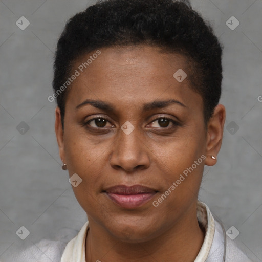 Joyful black young-adult female with short  brown hair and brown eyes