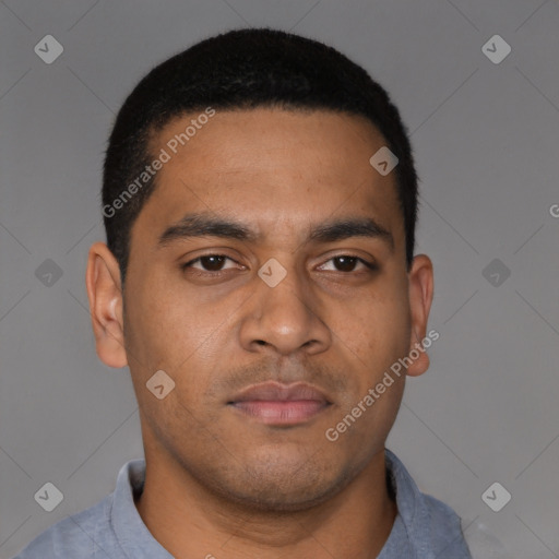 Neutral latino young-adult male with short  brown hair and brown eyes