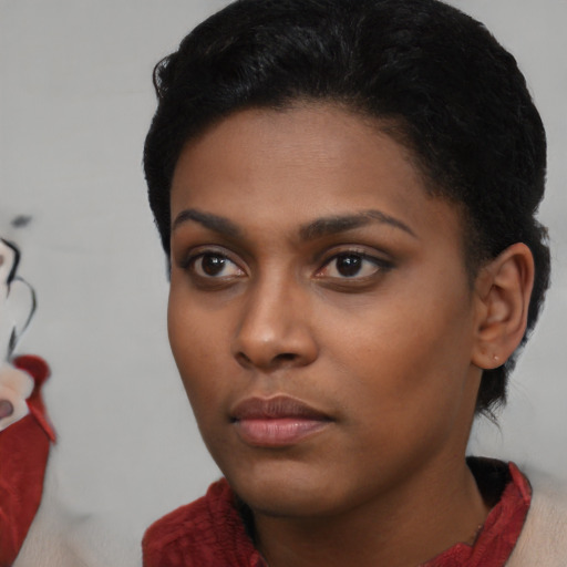 Neutral black young-adult female with short  black hair and brown eyes