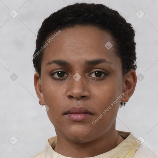 Neutral black young-adult female with short  brown hair and brown eyes