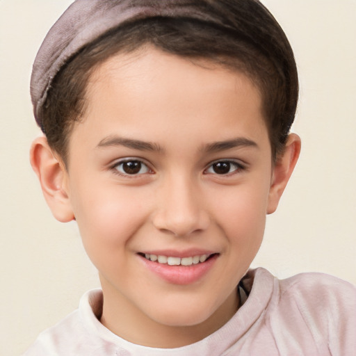 Joyful white child female with short  brown hair and brown eyes