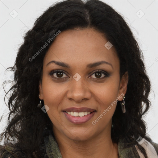 Joyful black young-adult female with long  brown hair and brown eyes