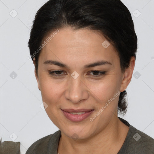 Joyful white adult female with short  brown hair and brown eyes