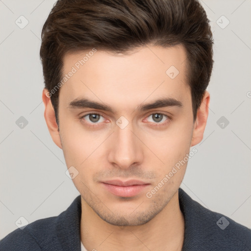 Neutral white young-adult male with short  brown hair and brown eyes