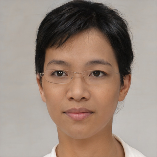Neutral asian young-adult female with short  brown hair and brown eyes