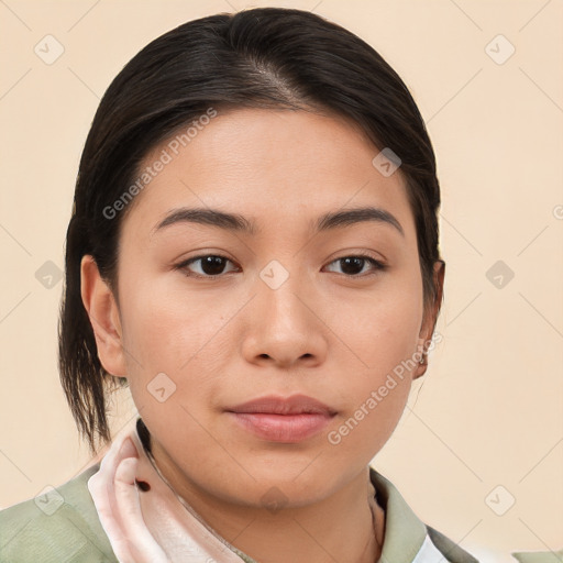 Neutral white young-adult female with medium  brown hair and brown eyes