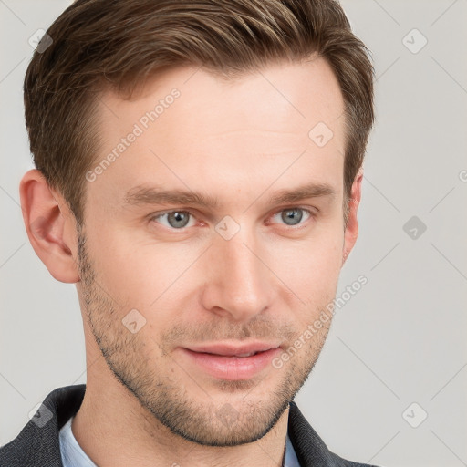 Neutral white young-adult male with short  brown hair and grey eyes