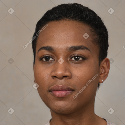 Neutral black young-adult female with short  black hair and brown eyes