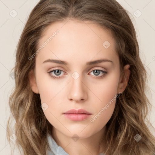 Neutral white young-adult female with long  brown hair and brown eyes