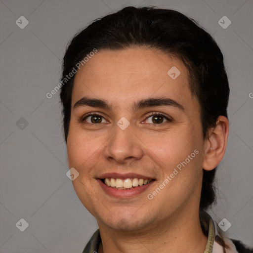 Joyful white young-adult male with short  brown hair and brown eyes