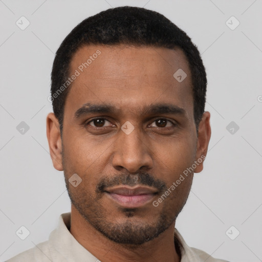 Neutral black young-adult male with short  black hair and brown eyes