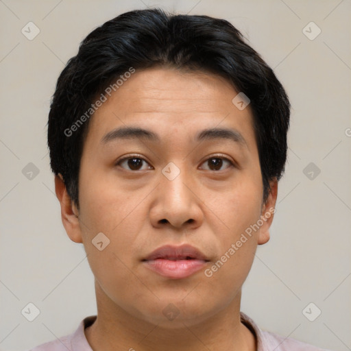 Joyful asian young-adult male with short  brown hair and brown eyes