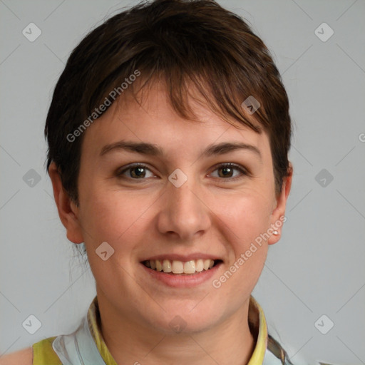 Joyful white young-adult female with short  brown hair and grey eyes