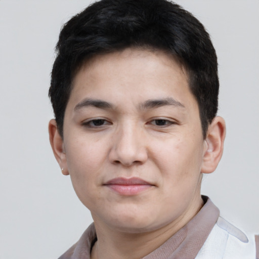 Neutral asian young-adult male with short  brown hair and brown eyes