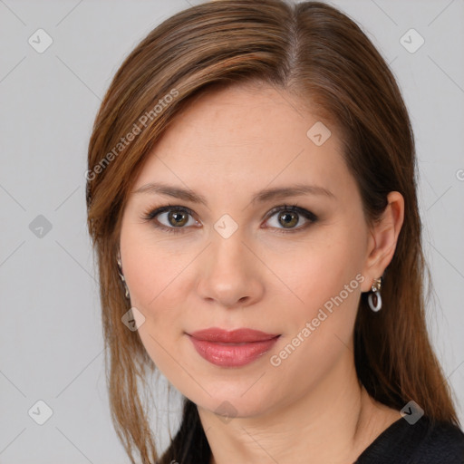 Joyful white young-adult female with long  brown hair and brown eyes