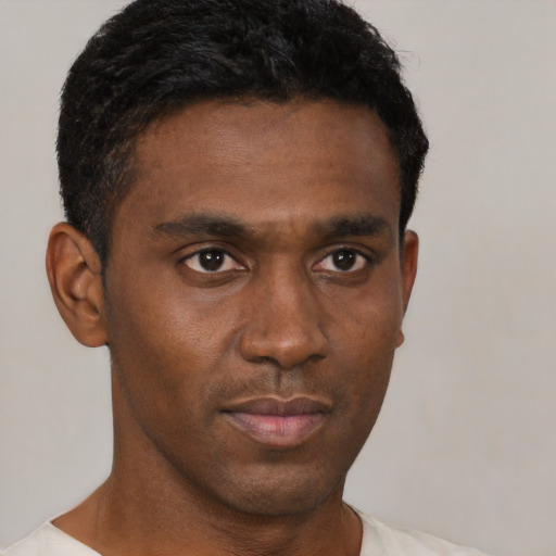 Neutral black young-adult male with short  black hair and brown eyes