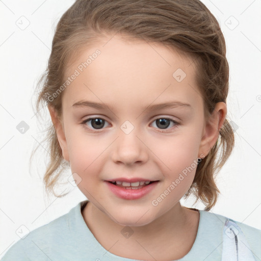 Joyful white child female with medium  brown hair and brown eyes