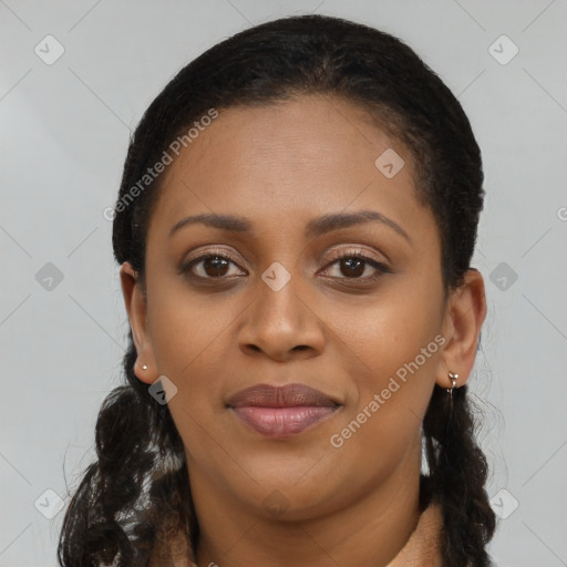 Joyful latino young-adult female with long  brown hair and brown eyes