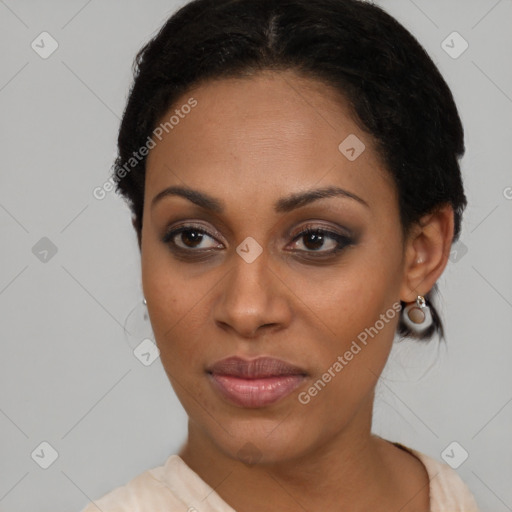 Joyful latino young-adult female with short  brown hair and brown eyes