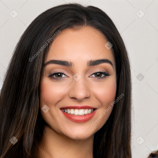 Joyful white young-adult female with long  black hair and brown eyes