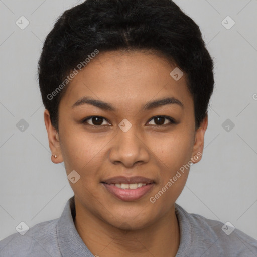 Joyful asian young-adult female with short  black hair and brown eyes